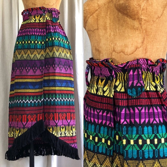 Vintage 80s/90s Woven Ethnic Cinched High Waist Fringe Hem Pencil Midi Skirt - Picture 1 of 8